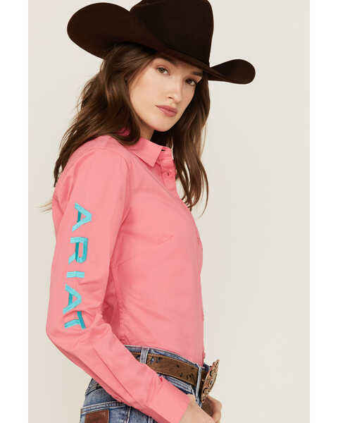 Image #2 - Ariat Women's Team Kirby Wrinkle Resistant Long Sleeve Button-Down Stretch Western Shirt, Bright Pink, hi-res