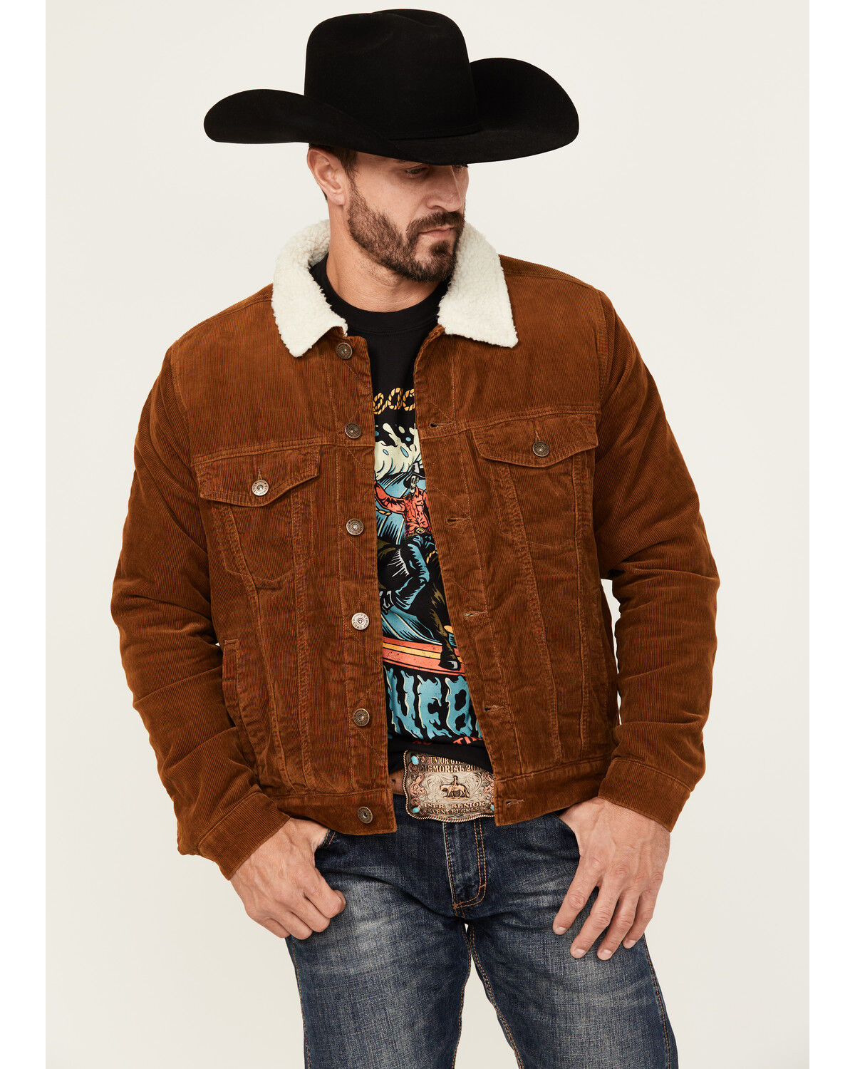 Image #1 - Cody James Men's Roscoe Corduroy Sherpa Lined Trucker Jacket, Brown, hi-res