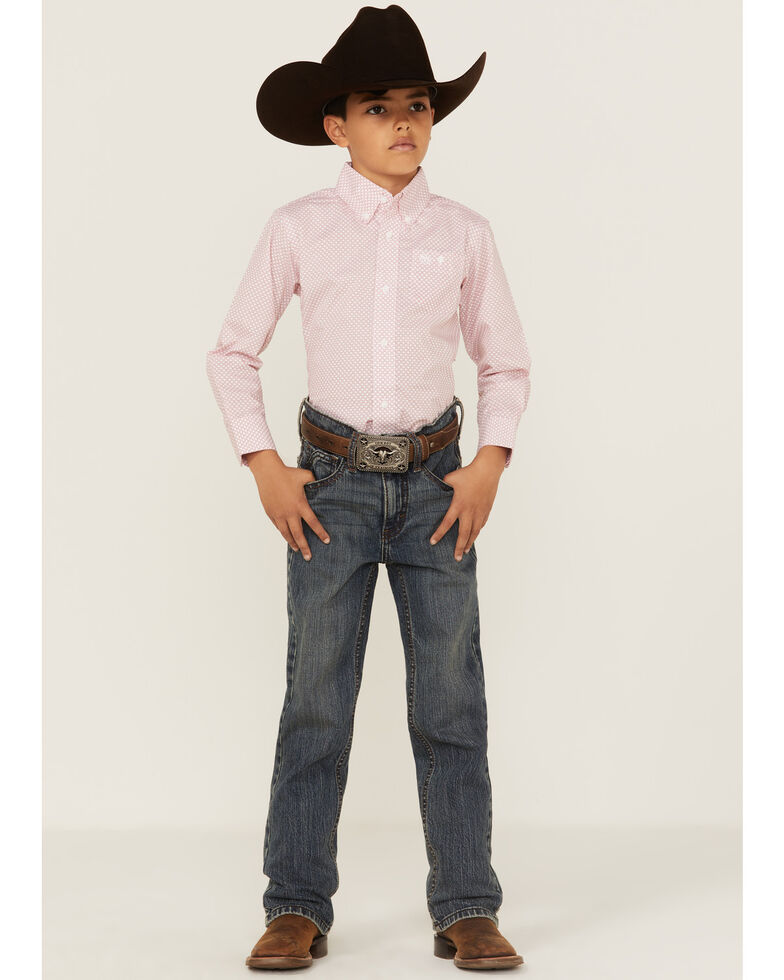 Wrangler Boys' Sunset Geo Pattern Long Sleeve Button-Down Western Shirt, Multi, hi-res