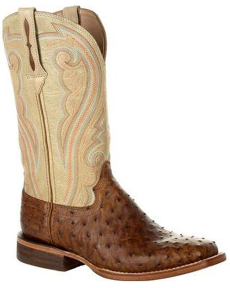 Durango Women's Arena Pro Exotic Full-Quill Ostrich Western Boots - Wide Square Toe, Cream/brown, hi-res