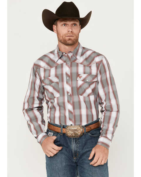 Image #1 - Cowboy Hardware Men's Hombre Plaid Print Long Sleeve Pearl Snap Western Shirt, Grey, hi-res