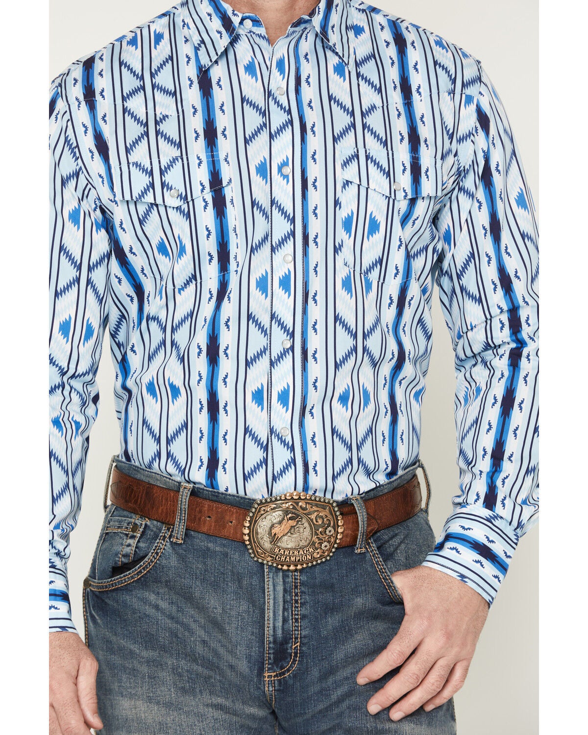 Image #3 - Wrangler Men's Checotah Southwestern Striped Long Sleeve Pearl Snap Western Shirt, Blue, hi-res
