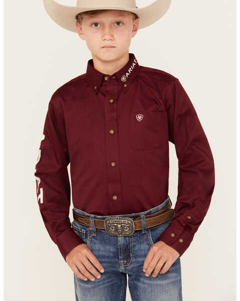 Image #1 - Ariat Boys' Solid Logo Team Long Sleeve Button-Down Western Shirt , Burgundy, hi-res