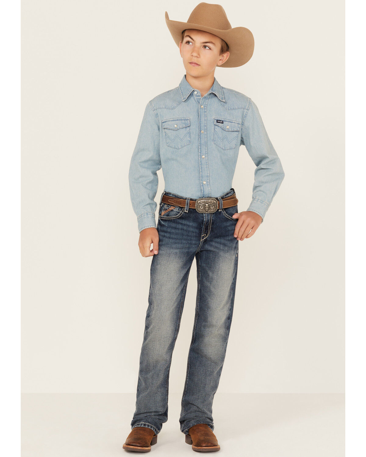 Image #1 - Ariat Boys' B4 Medium Wash Relaxed Bootcut Denim Jeans, Blue, hi-res