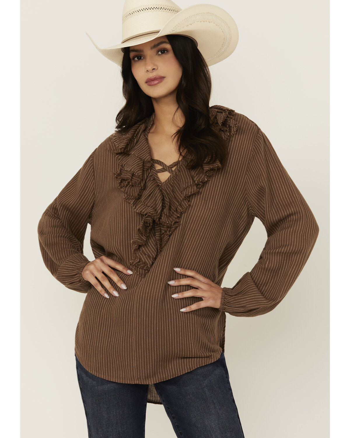 Image #1 - Cleo + Wolf Women's Bren Ruffle Front Long Sleeve Shirt, Chocolate Brown, hi-res