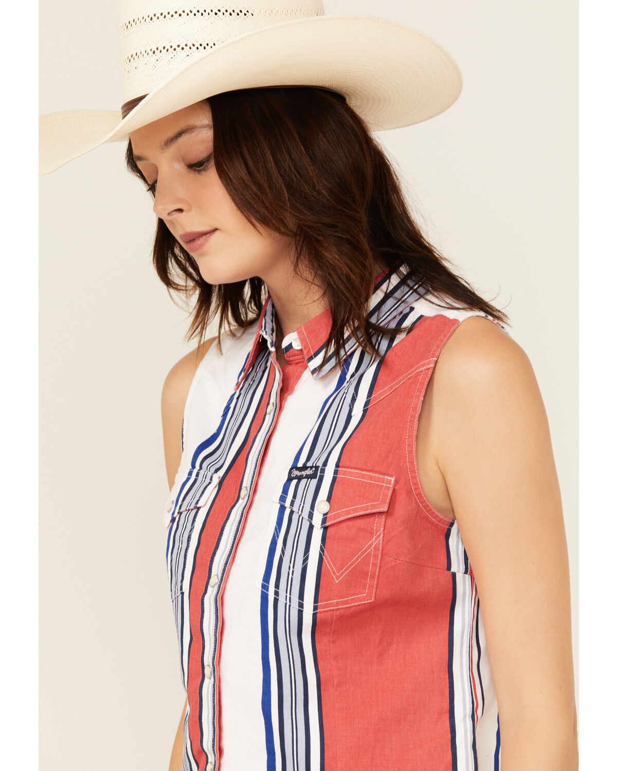 Image #2 - Wrangler Retro Women's Striped Print Sleeveless Snap Cropped Western Shirt, Red, hi-res