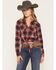 Image #1 - Shyanne Women's Hansen Embroidered Plaid Print Long Sleeve Button-Down Tie-Front Top, Saddle, hi-res