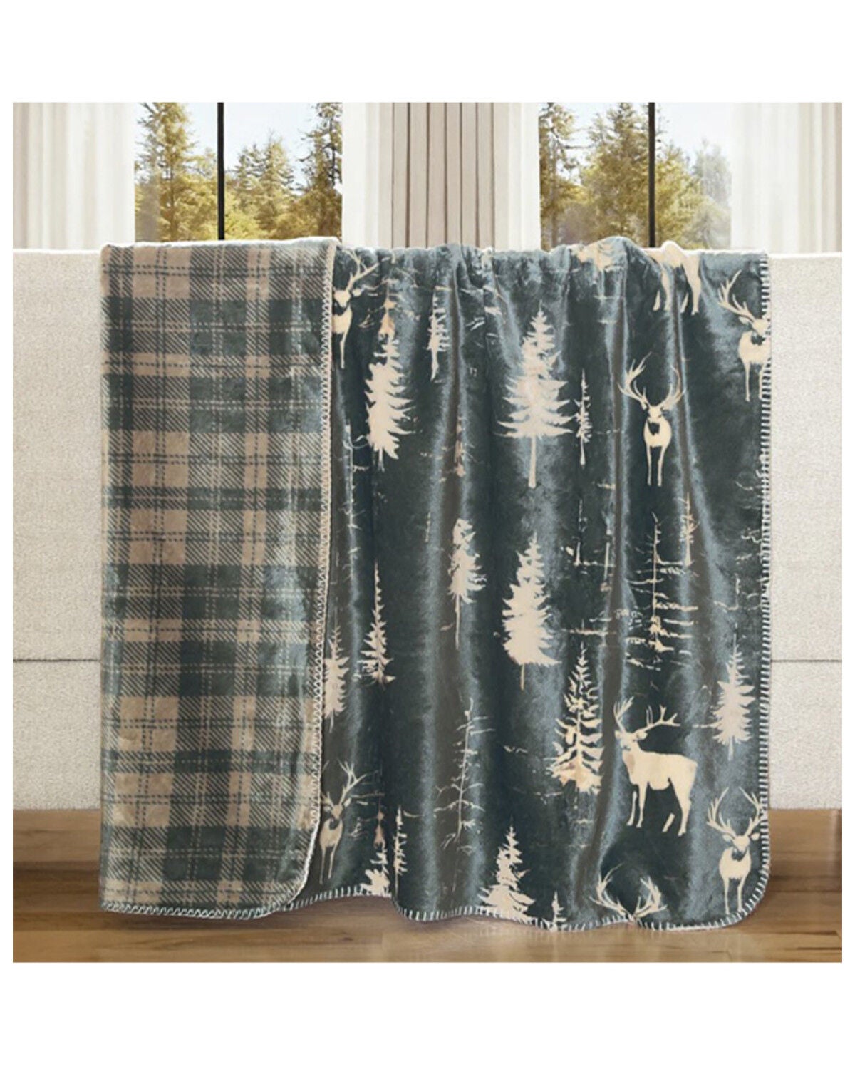 Image #1 - Carstens Home Deer Stand Reversible Plush Throw Blanket, Green, hi-res