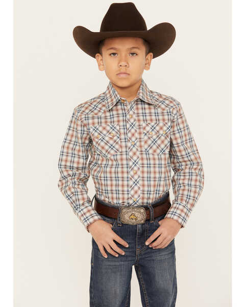 Wrangler Boys' Plaid Print Long Sleeve Western Snap Shirt, Brown, hi-res