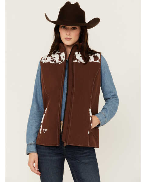 Cowgirl Hardware Women's Cow Print Yoke Softshell Vest , Brown, hi-res
