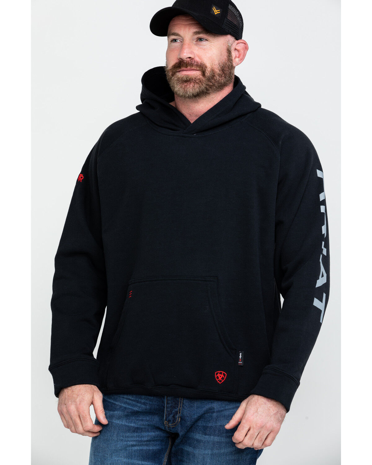 Image #1 - Ariat Men's FR Primo Fleece Logo Work Hooded Sweatshirt - Tall, Black, hi-res