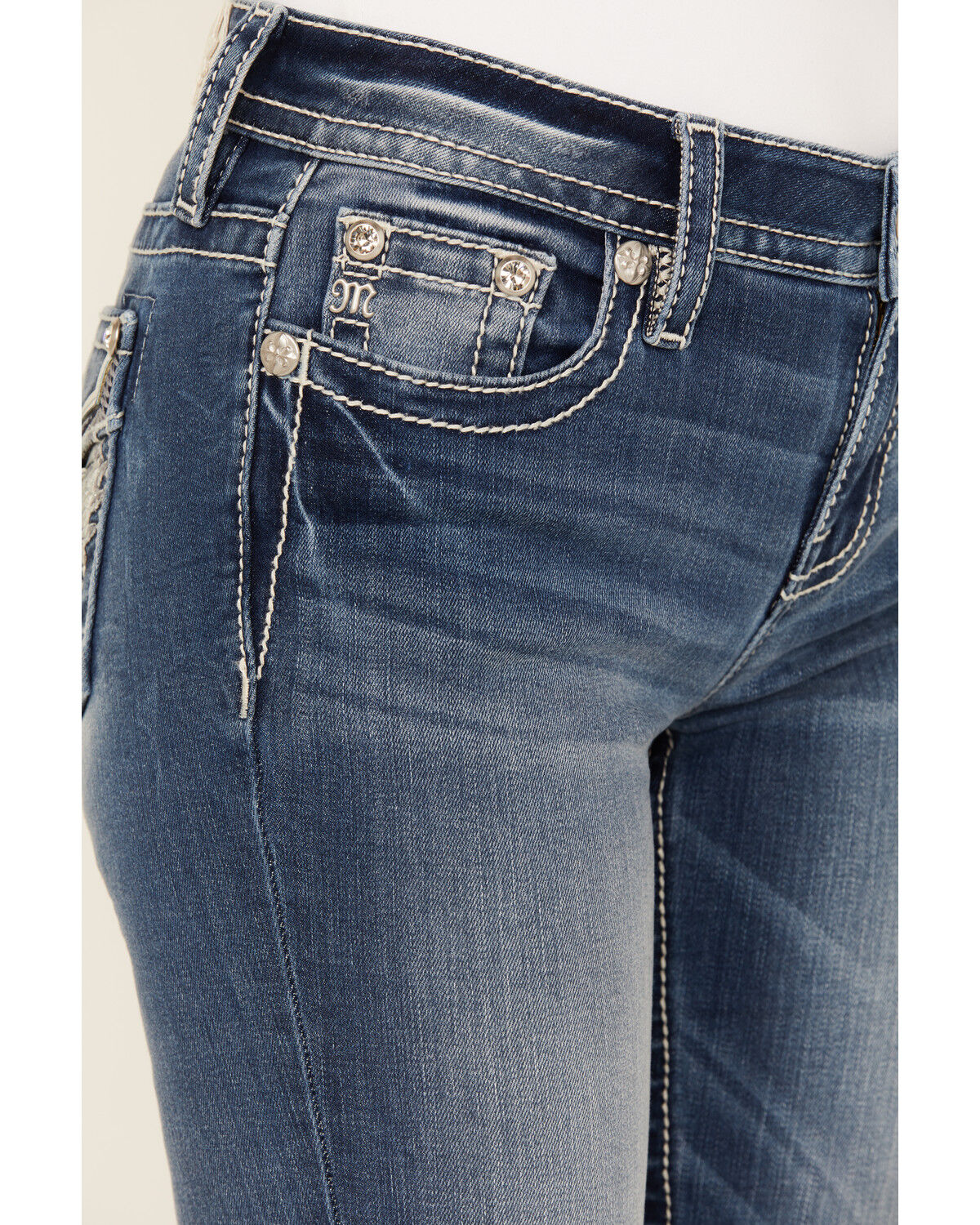 Image #4 - Miss Me Women's Medium Wash Mid Rise Wing Pocket Bootcut Stretch Denim Jeans, Medium Wash, hi-res