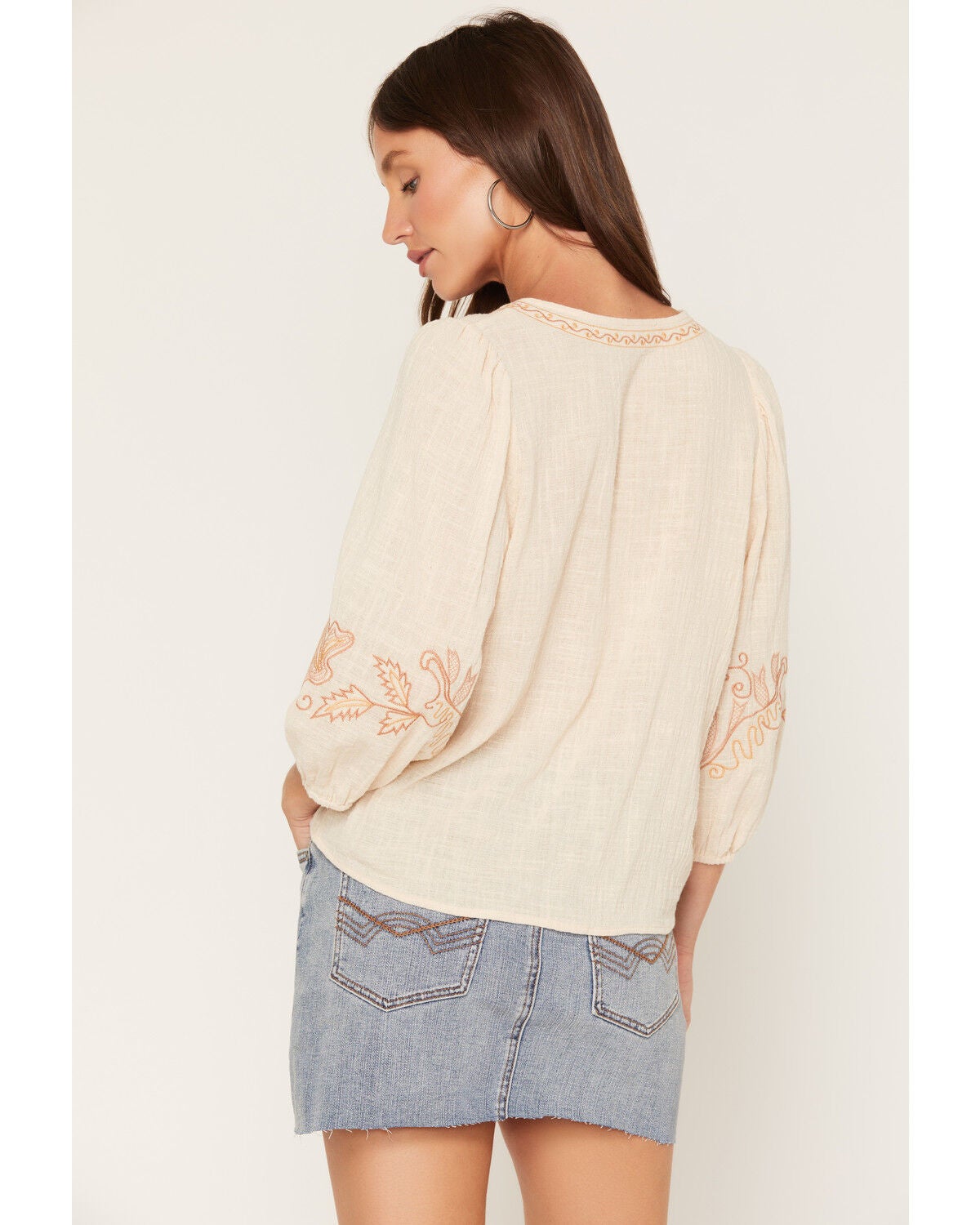 Image #4 - Lovestitch Women's Embroidered Long Sleeve Shirt, Peach, hi-res