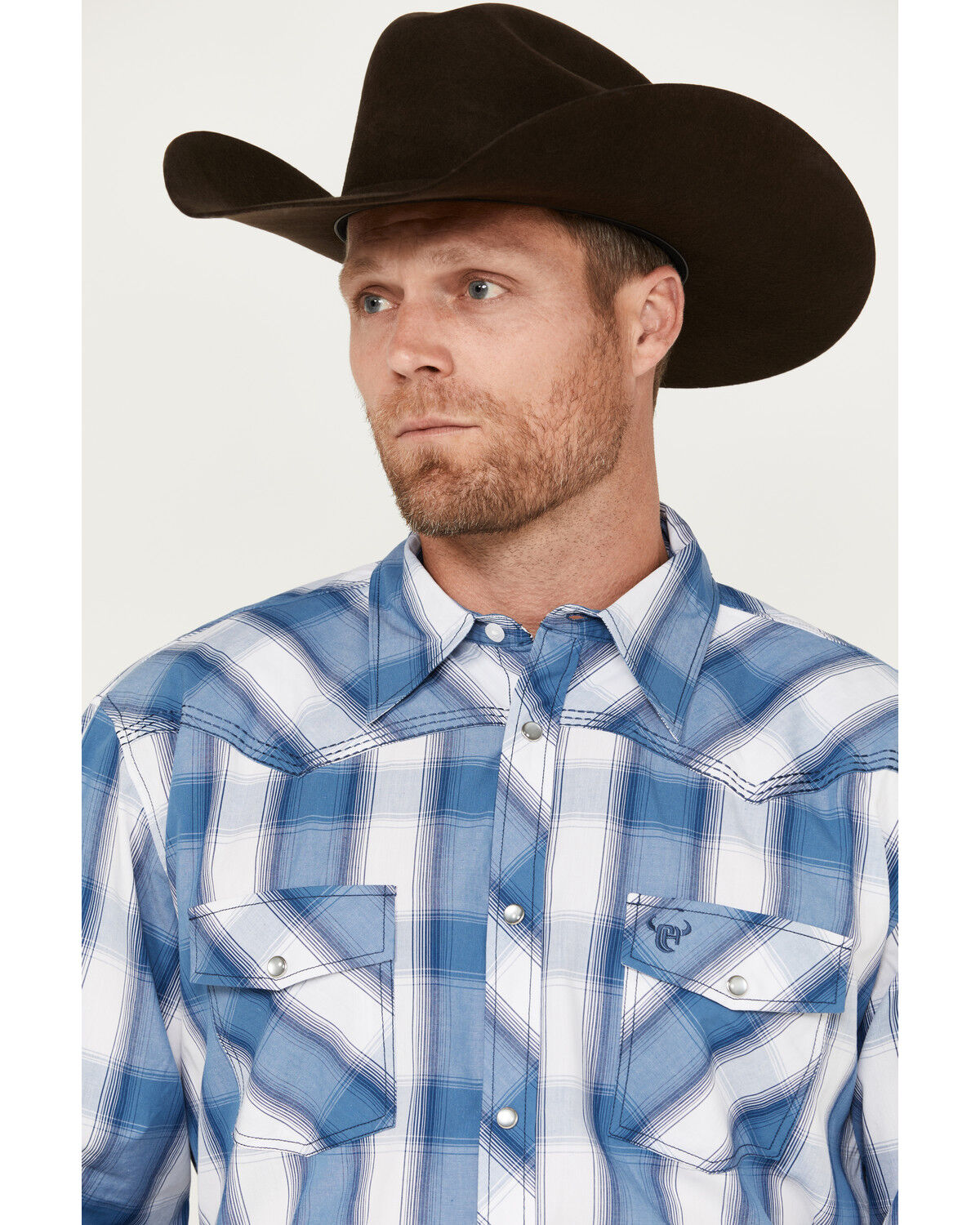 Image #3 - Cowboy Hardware Men's Hombre Plaid Print Long Sleeve Pearl Snap Western Shirt, Blue, hi-res