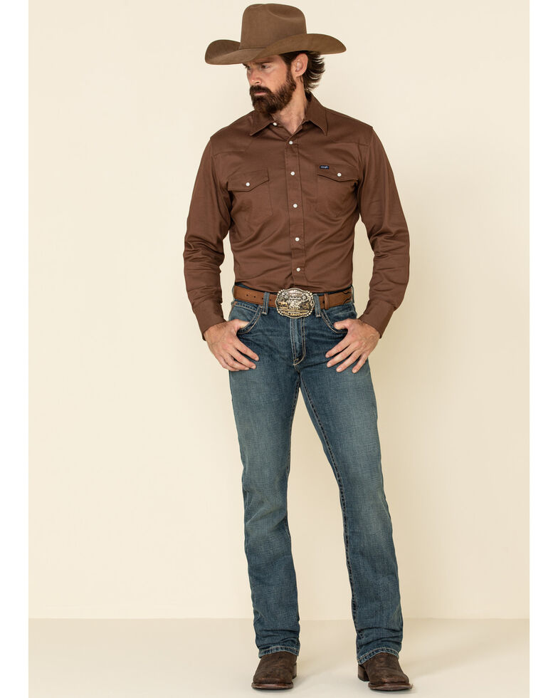 Wrangler Men's Solid Advanced Comfort Long Sleeve Work Shirt, Brown, hi-res