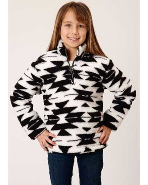 Image #1 - Roper Girls' Southwestern Print Fuzzy Polar Fleece Pullover, Black, hi-res