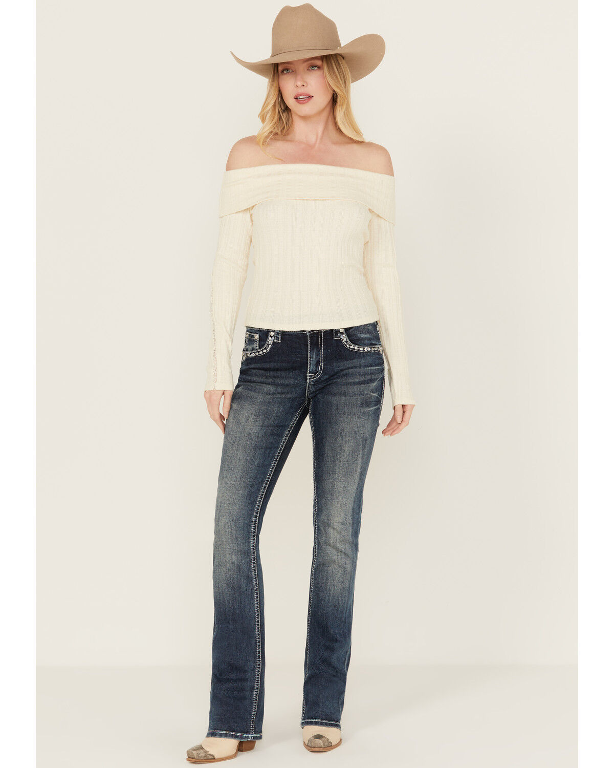 Image #3 - Grace in LA Women's Medium Wash Mid Rise Diamond Pocket Bootcut Stretch Denim Jeans, Medium Wash, hi-res