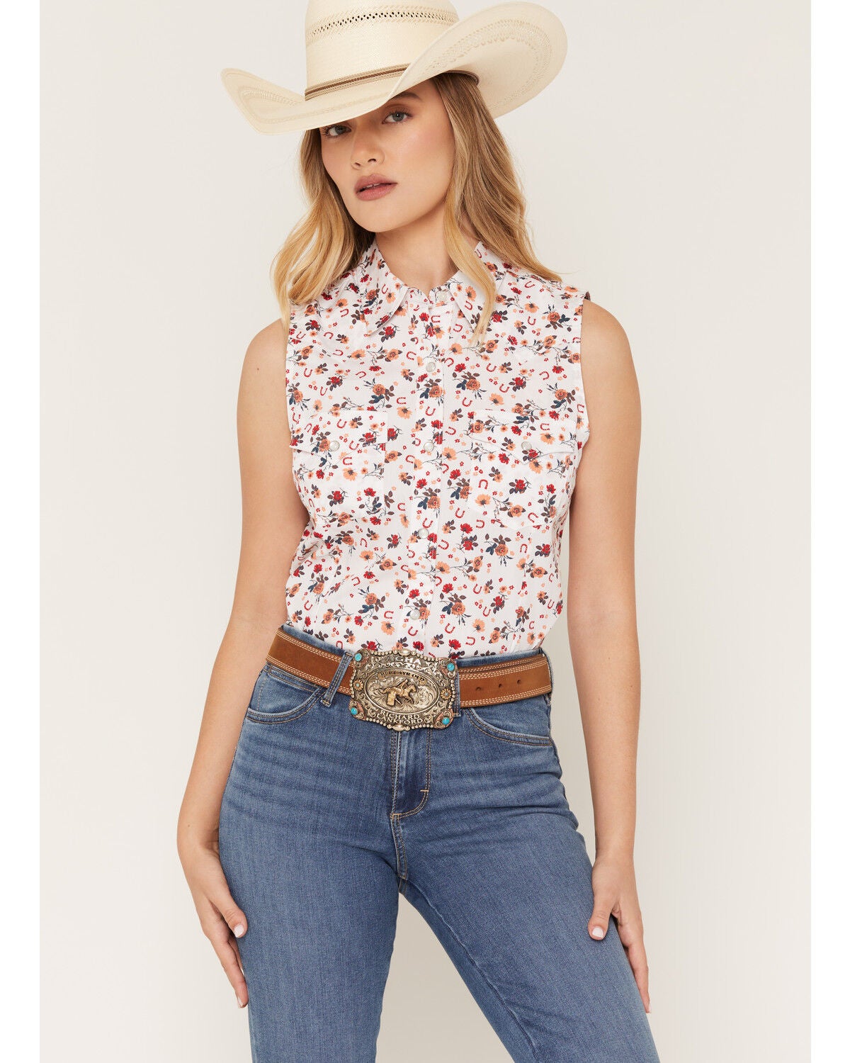 Wrangler Retro Women's Boot Barn Exclusive Horseshoe Floral Print Sleeveless Pearl Snap Western Shirt, White, hi-res