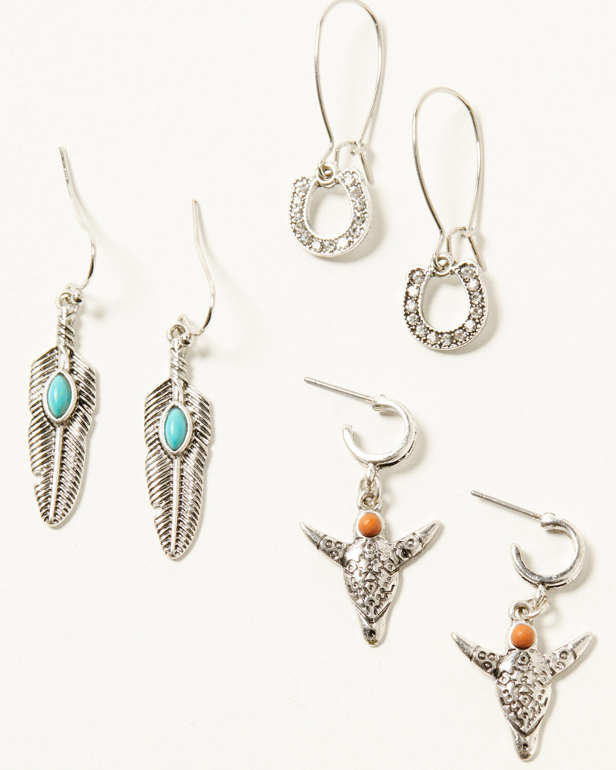 Image #1 - Shyanne Women's Feather Horseshoe Bull Earring Set - 3 Piece, Silver, hi-res