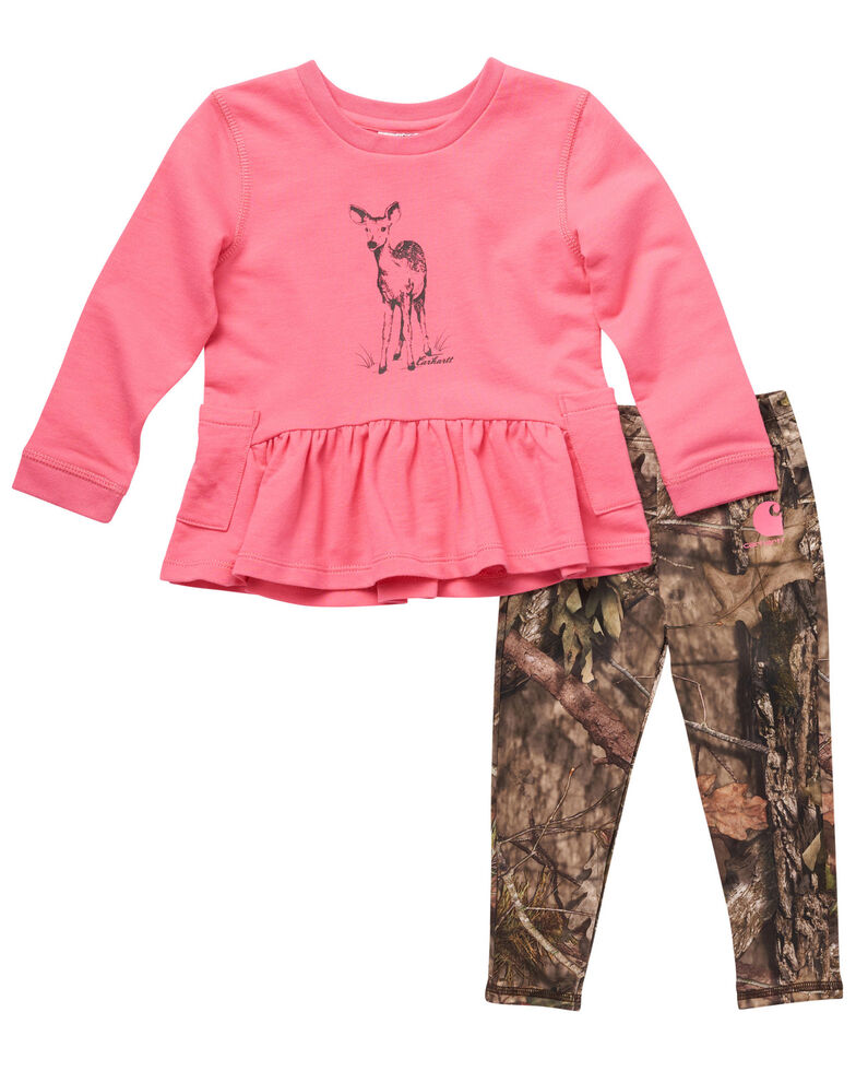 Carhartt Girls' Long Sleeve Pink Deer Shirt & Brown Camo Leggings Set, Camouflage, hi-res
