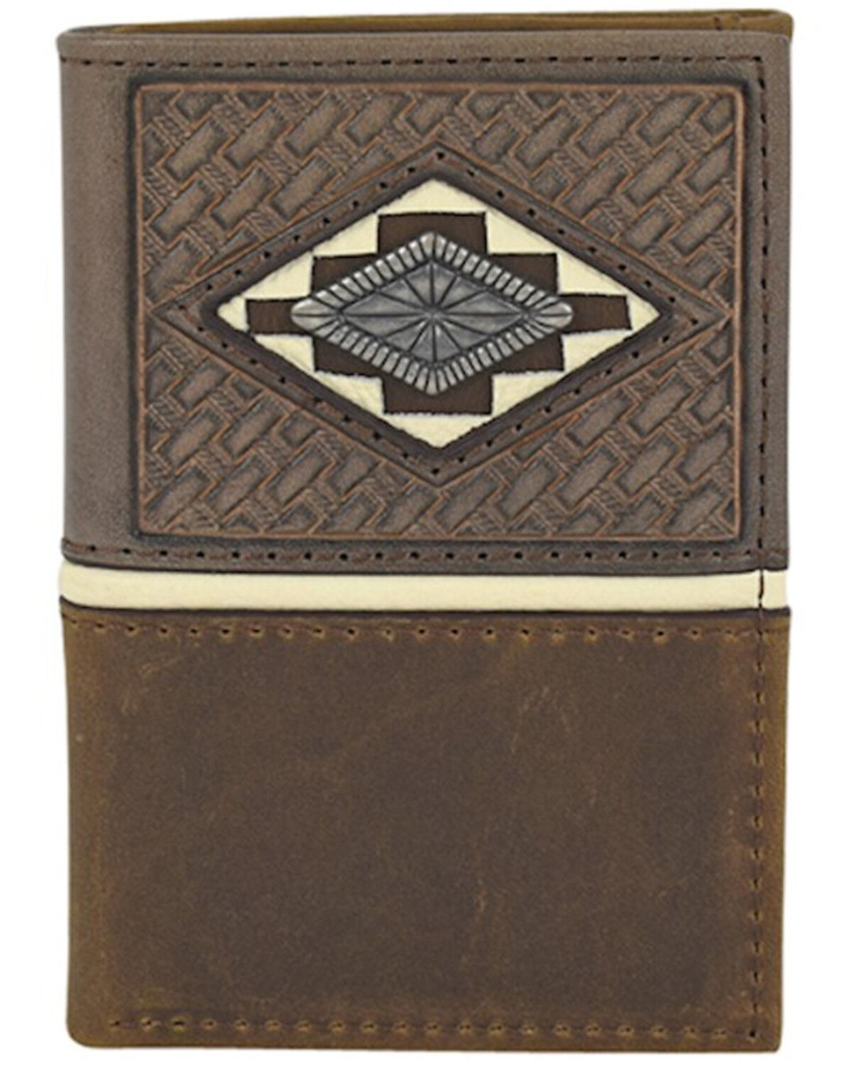 Image #1 - Justin Men's Brown Basket Weave Tooling & Concho Trifold Wallet, Brown, hi-res