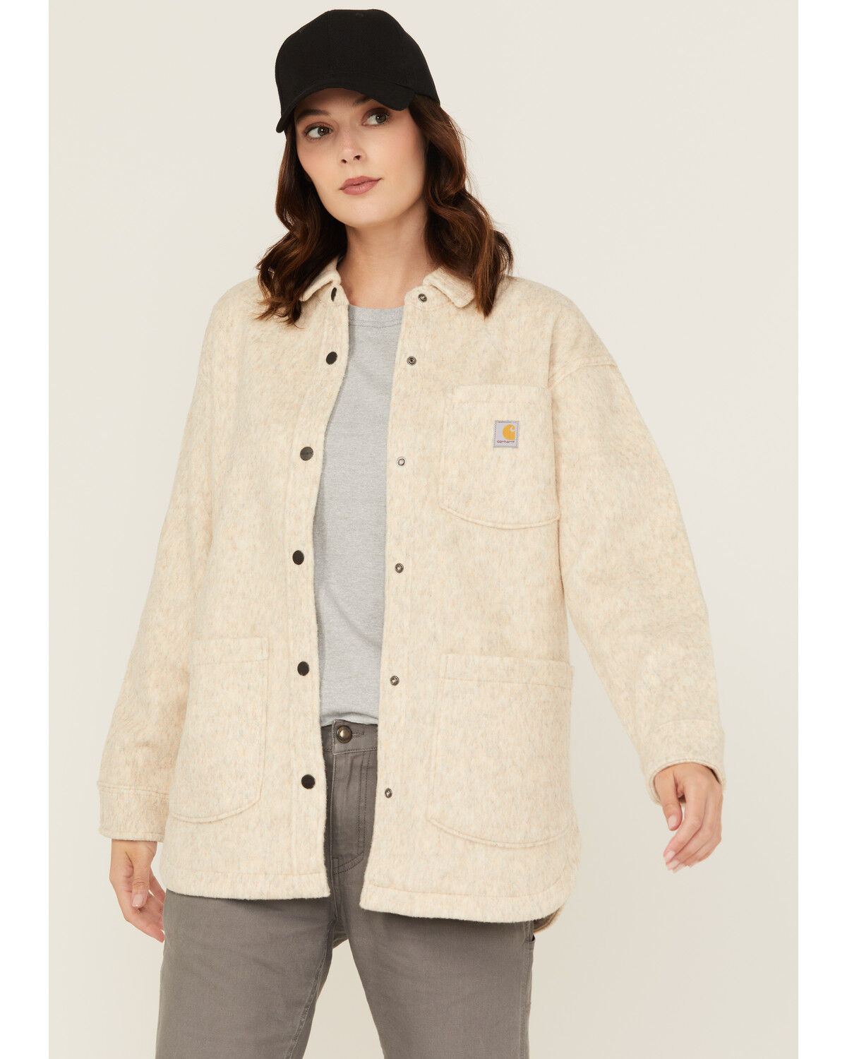 Image #1 - Carhartt Women's Loose Fit Brushed Fleece Snap Shacket, Oatmeal, hi-res