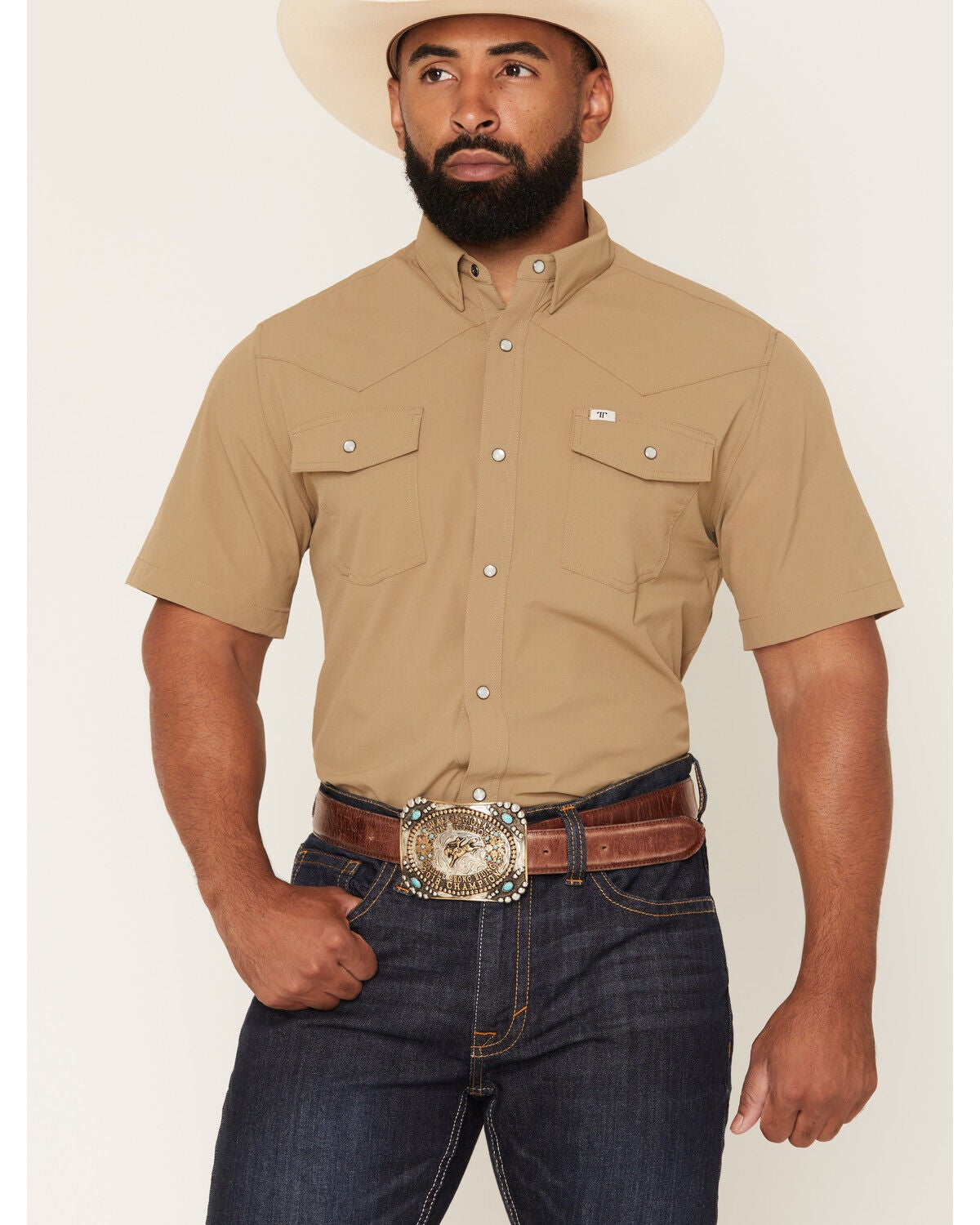 Image #1 - Ferrell Men's Tek Solid Short Sleeve Pearl Snap Stretch Performance Western Shirt, Khaki, hi-res