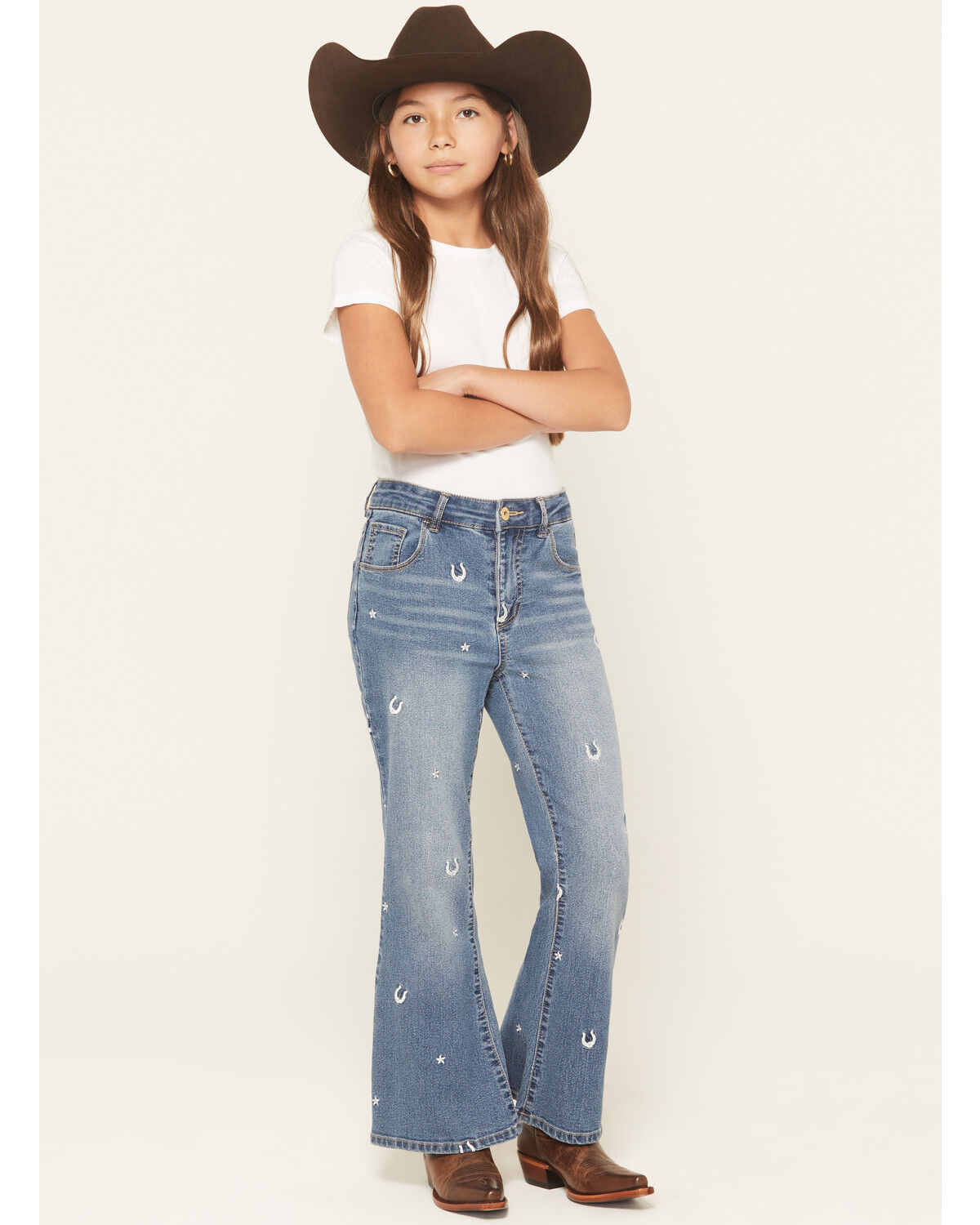 Image #1 - Wild Daisy Girls' Horseshoe Embroidered Mid Rise Flare Stretch Denim Jeans, Multi, hi-res