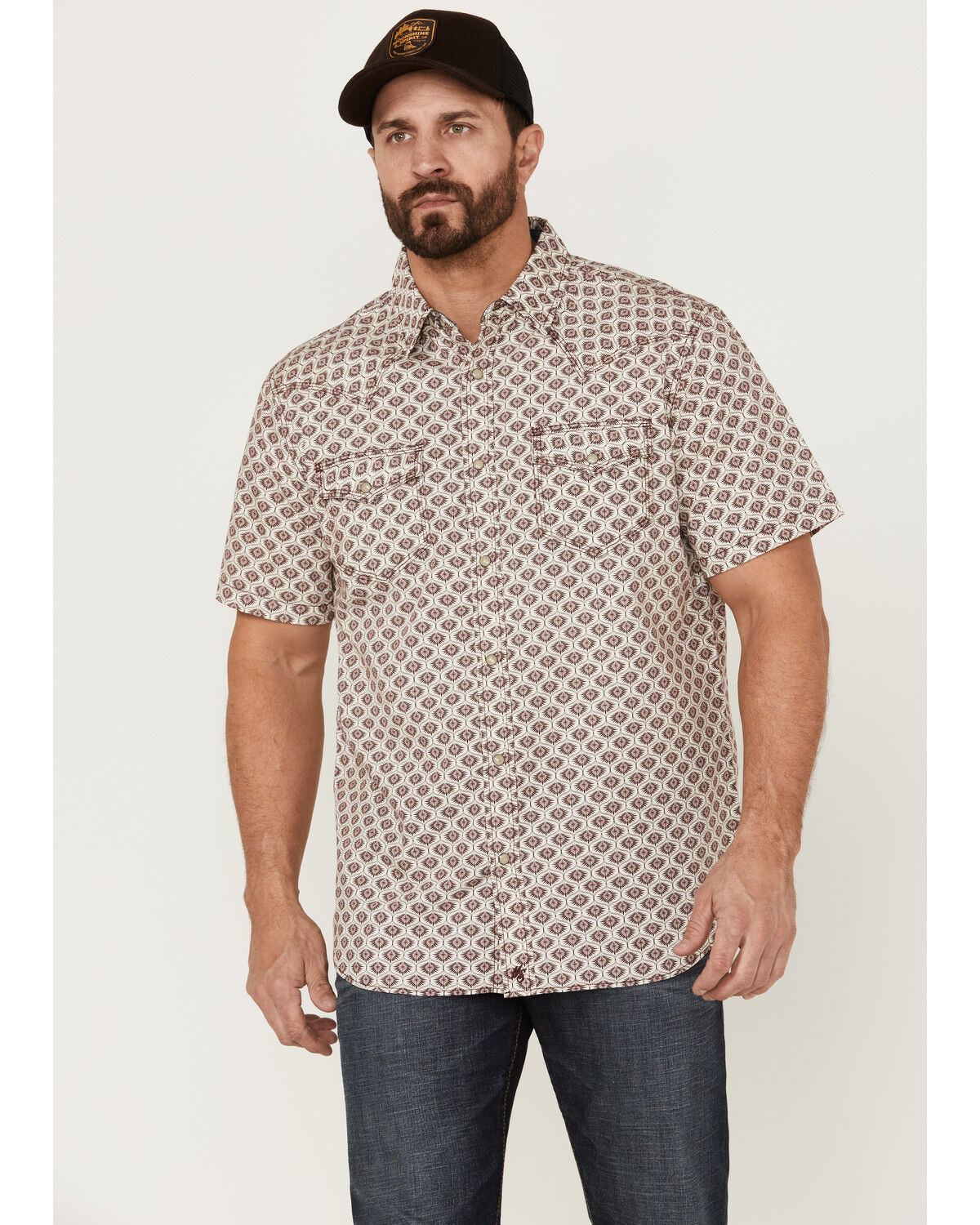 Image #1 - Moonshine Spirit Men's Sparky Medallion Geo Print Short Sleeve Snap Western Shirt, Burgundy, hi-res