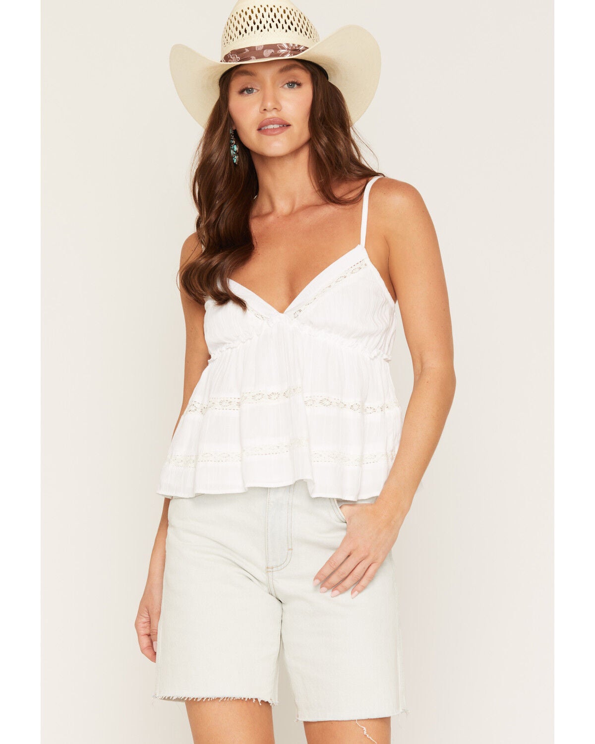 Angie Women's Swiss Dot Sleeveless Lace Trim Tiered Cami | Sheplers