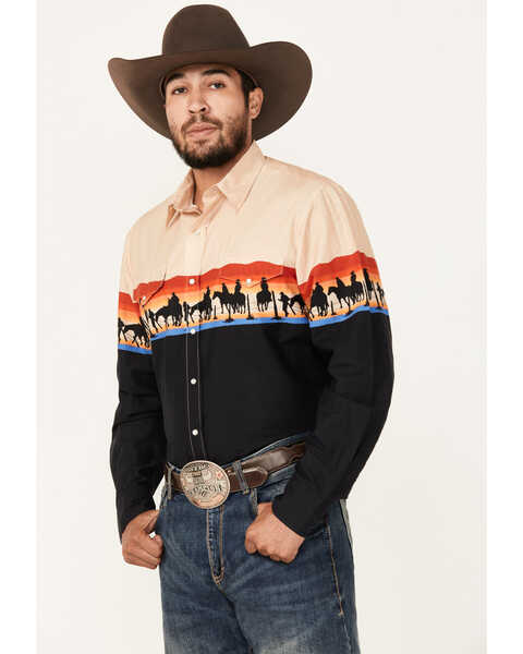 Image #1 - Roper Men's Vintage Cowboy Print Long Sleeve Pearl Snap Western Shirt, Black, hi-res