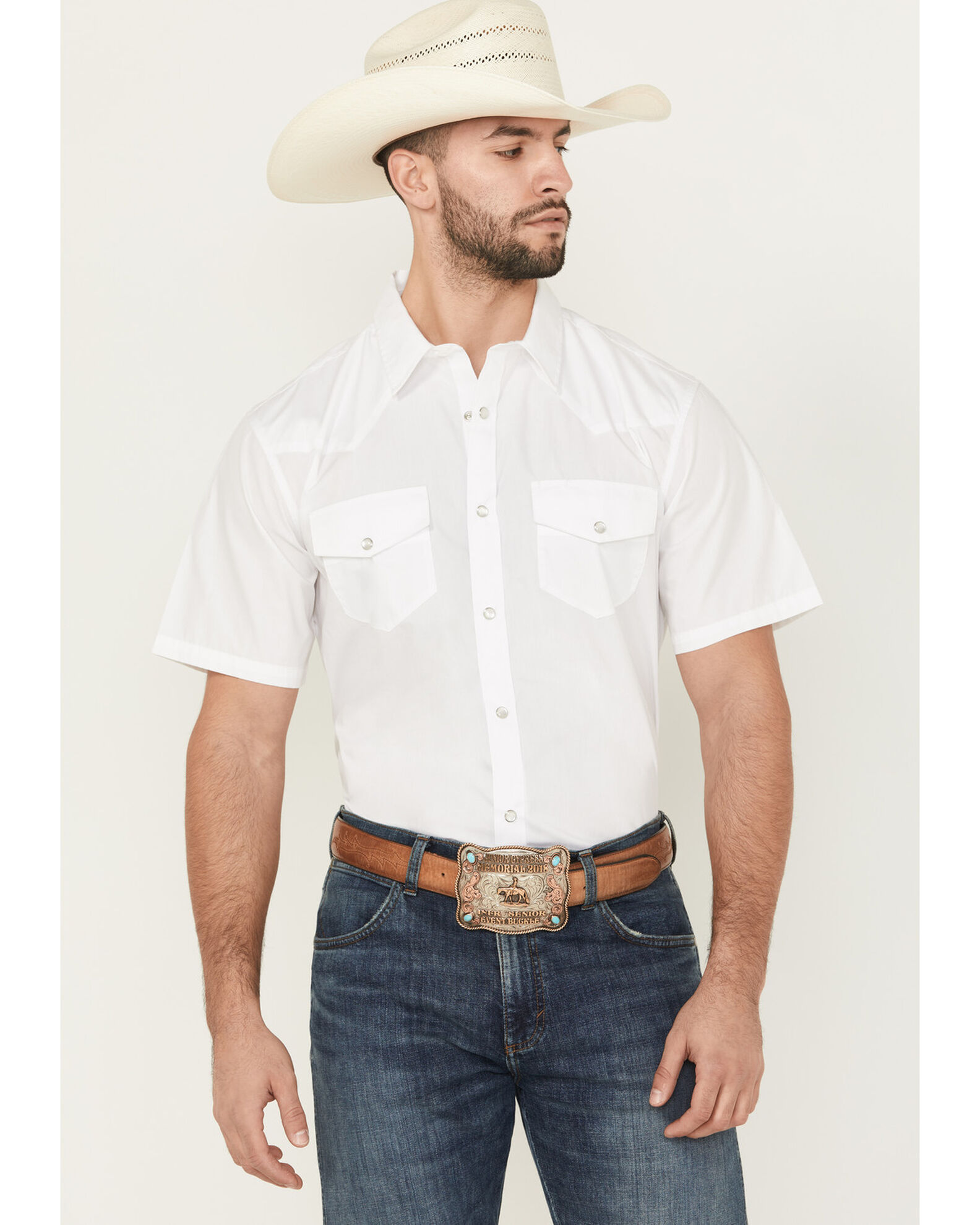 Image #1 - Gibson Men's Solid Short Sleeve Snap Western Shirt - Big, White, hi-res
