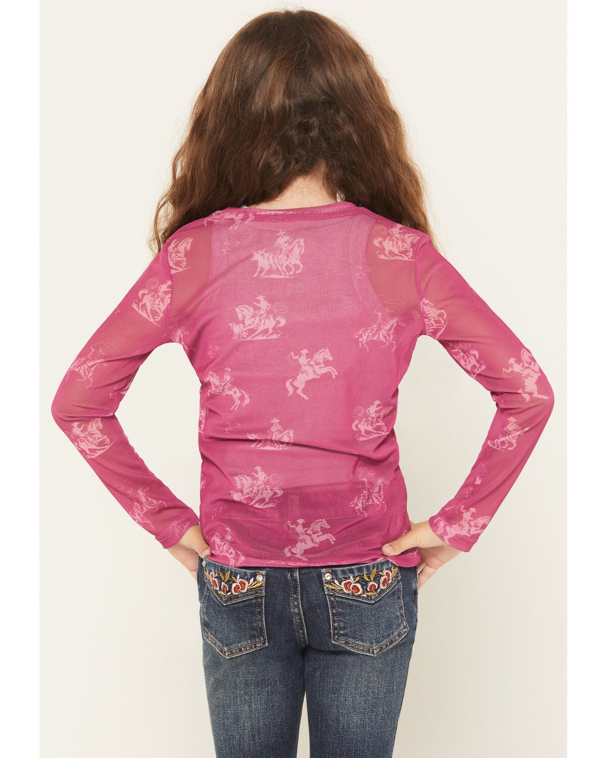 Image #4 - Cowgirl Hardware Girls' Desert Bronc Long Sleeve Mesh Top, Pink, hi-res