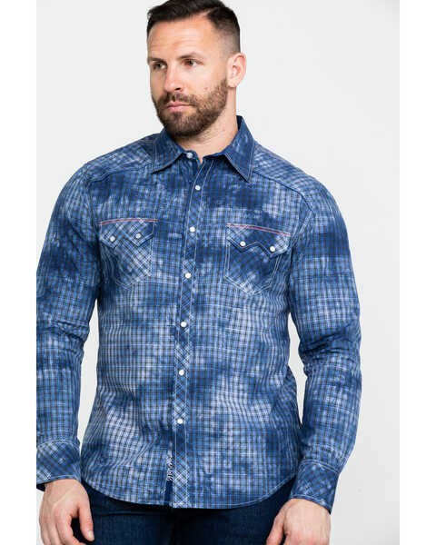 Image #1 - Rock & Roll Denim Men's Spray Washed Satin Plaid Long Sleeve Western Shirt , Blue, hi-res