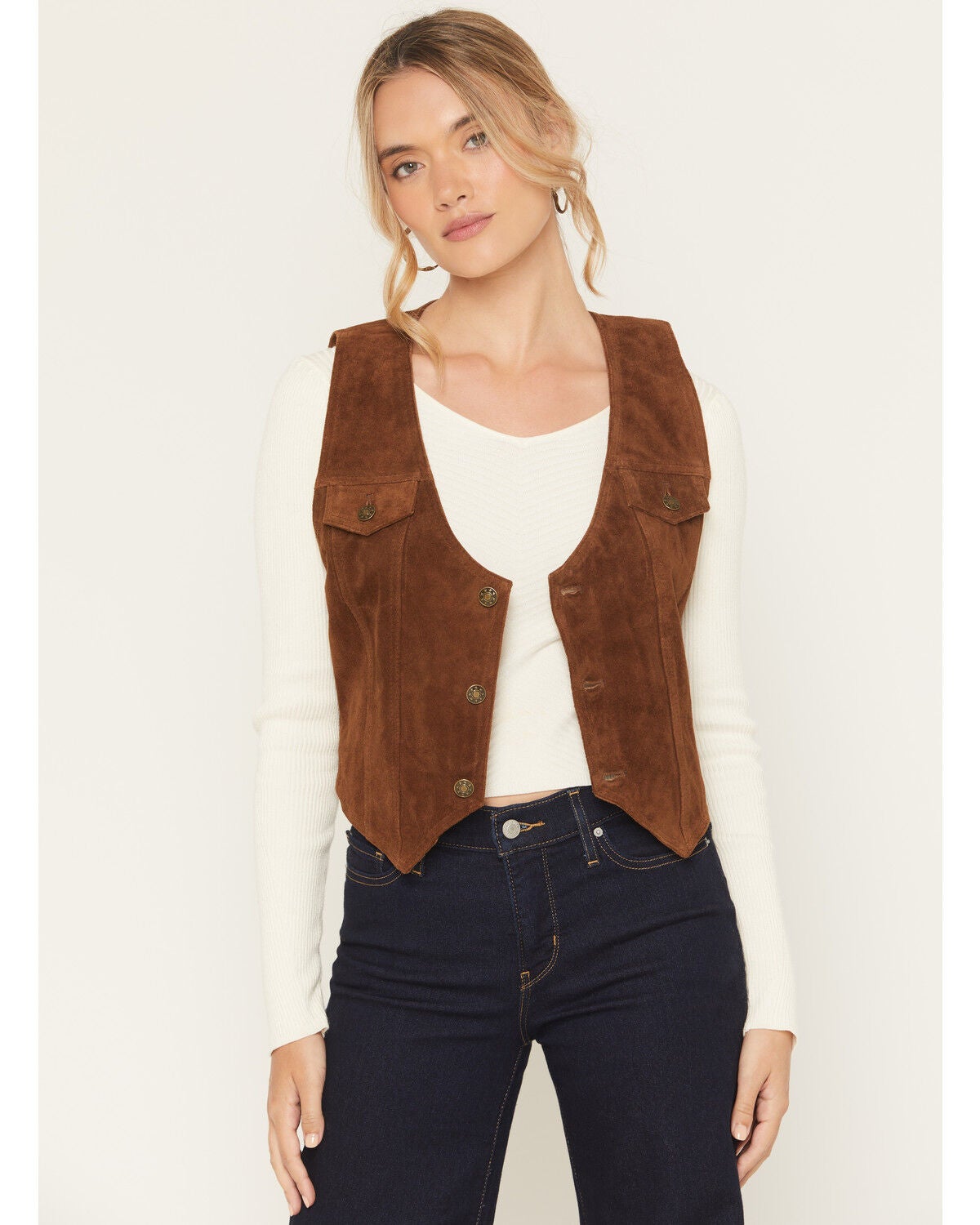 Scully Women's Suede Button-Down Vest, Chocolate, hi-res
