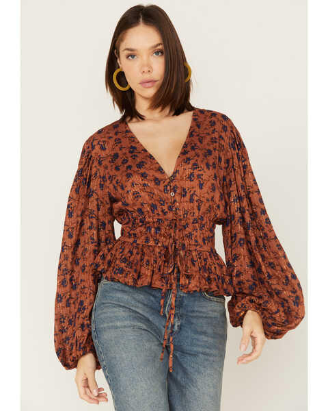 Image #1 - Jen's Pirate Booty Women's Floral Print Long Sleeve Wildflower Tarot Top, Rust Copper, hi-res