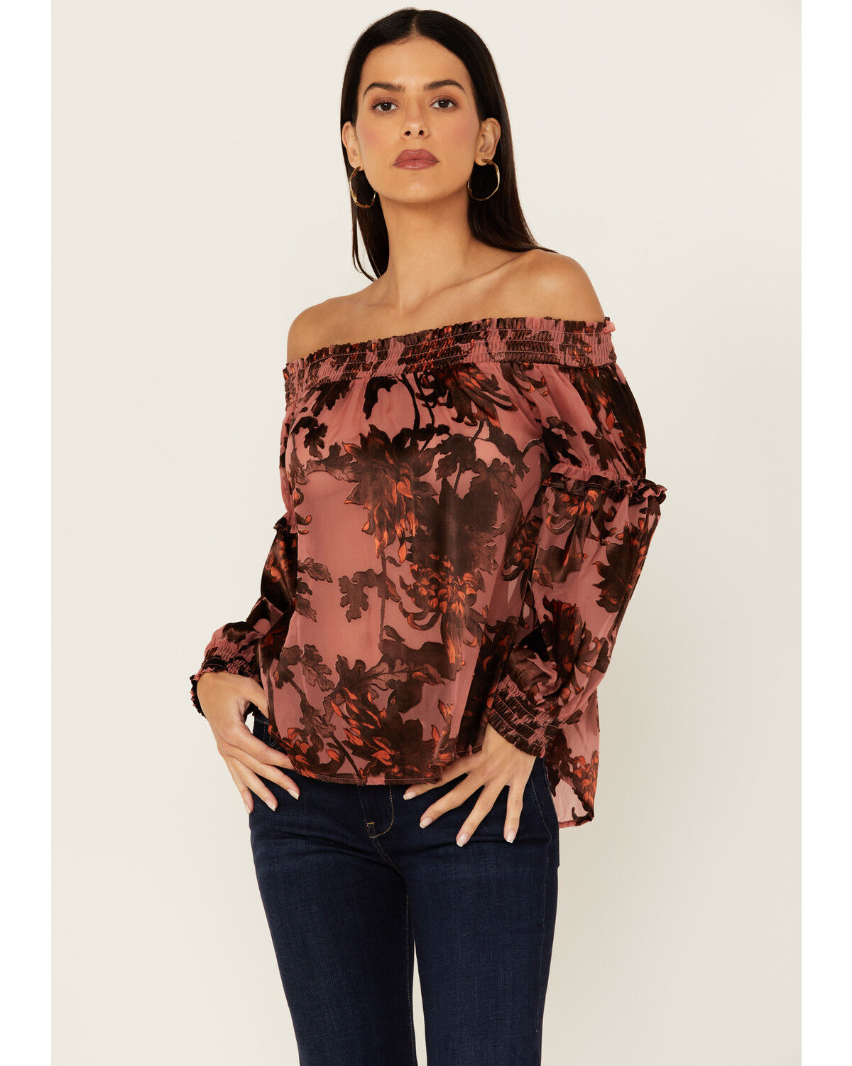 Image #2 - Shyanne Women's Burnout Satin Printed Peasant Top, Mauve, hi-res
