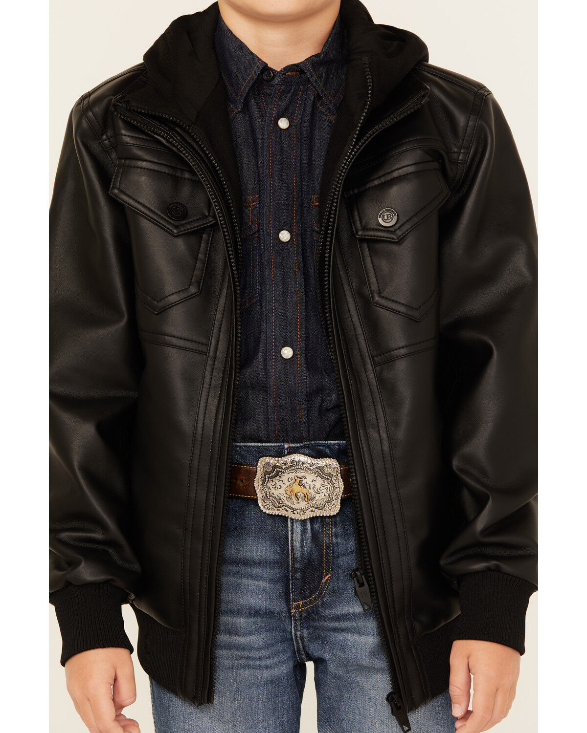 Image #3 - Urban Republic Boys' Faux Leather Hooded Bomber Jacket, Black, hi-res