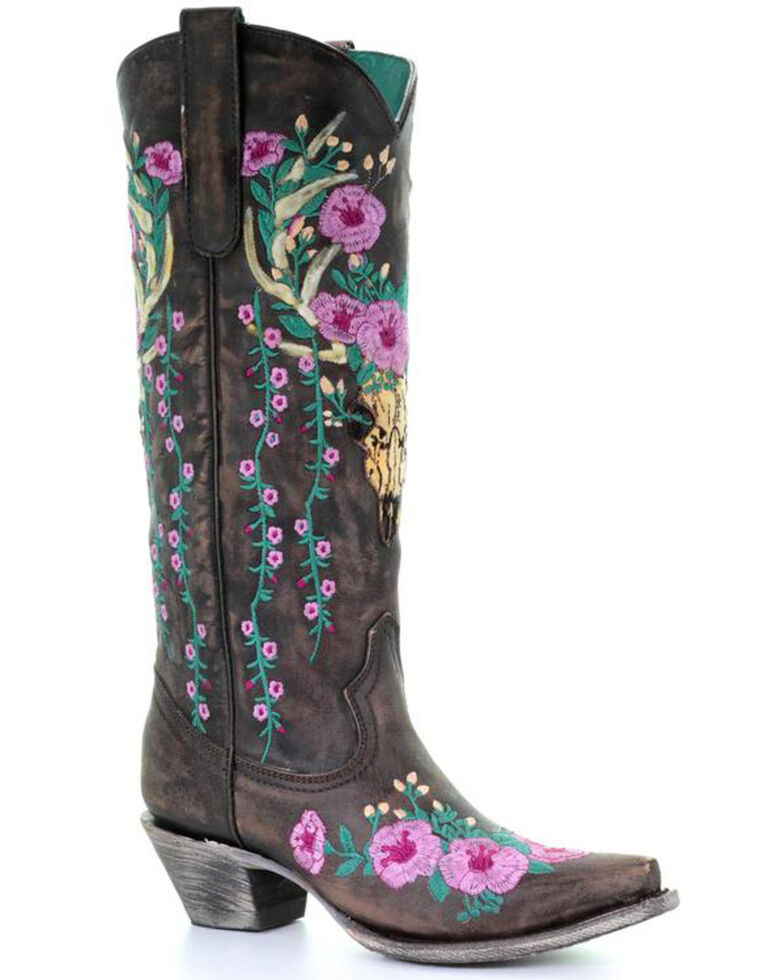 Corral Women's Brown Deer Skull Overlay Floral Embroidered Cowgirl Boots - Snip Toe, Brown, hi-res