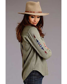 Stetson Women's Olive Tencel Embroidered Long Sleeve Snap Western Blouse Shirt , Olive, hi-res