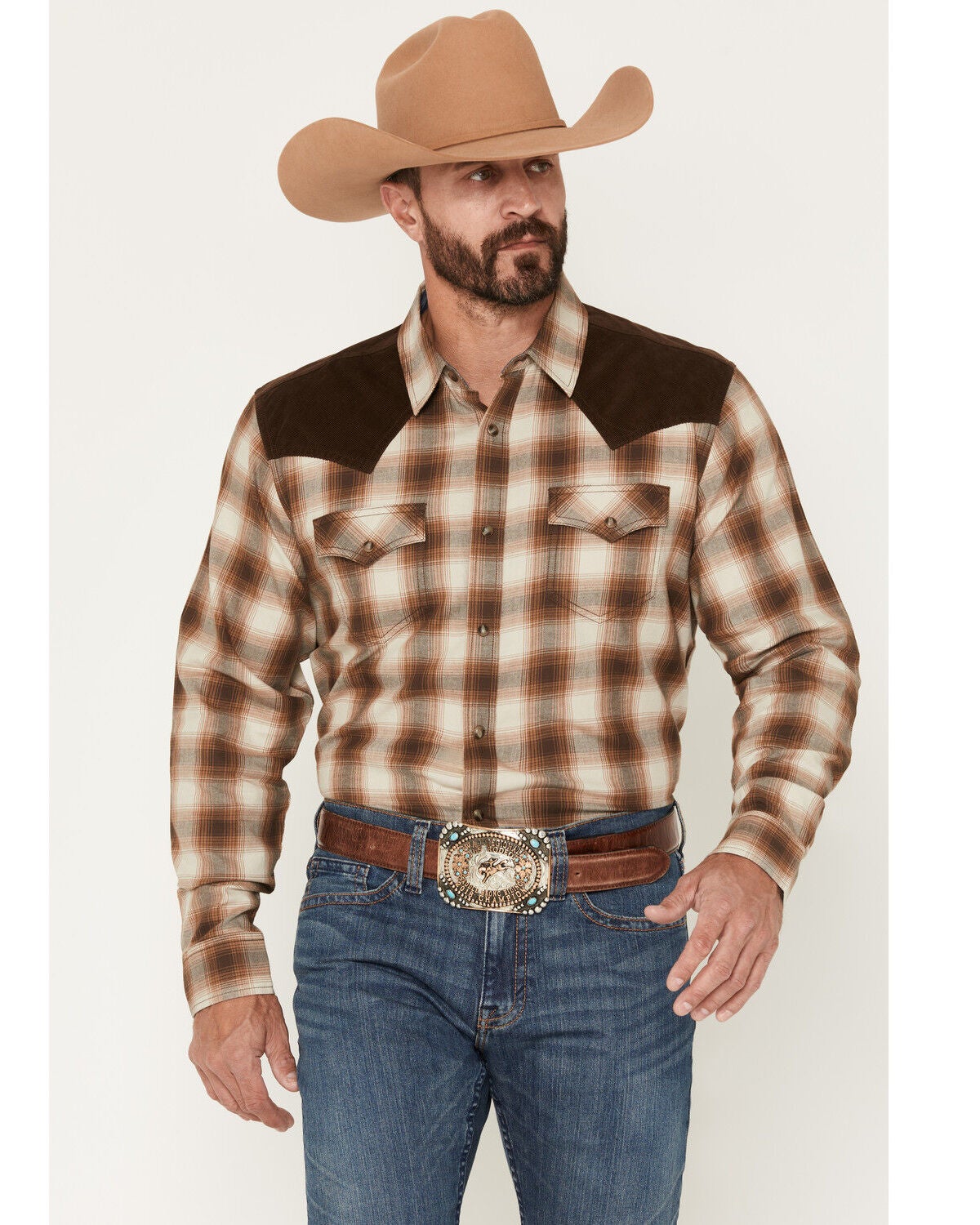 Image #1 - Cody James Men's Mad Plaid Print Corduroy Long Sleeve Snap Western Shirt - Tall, Tan, hi-res