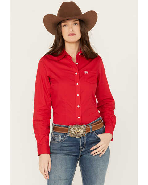 Cinch Women's Solid Red Button-Down Western Shirt, Red, hi-res