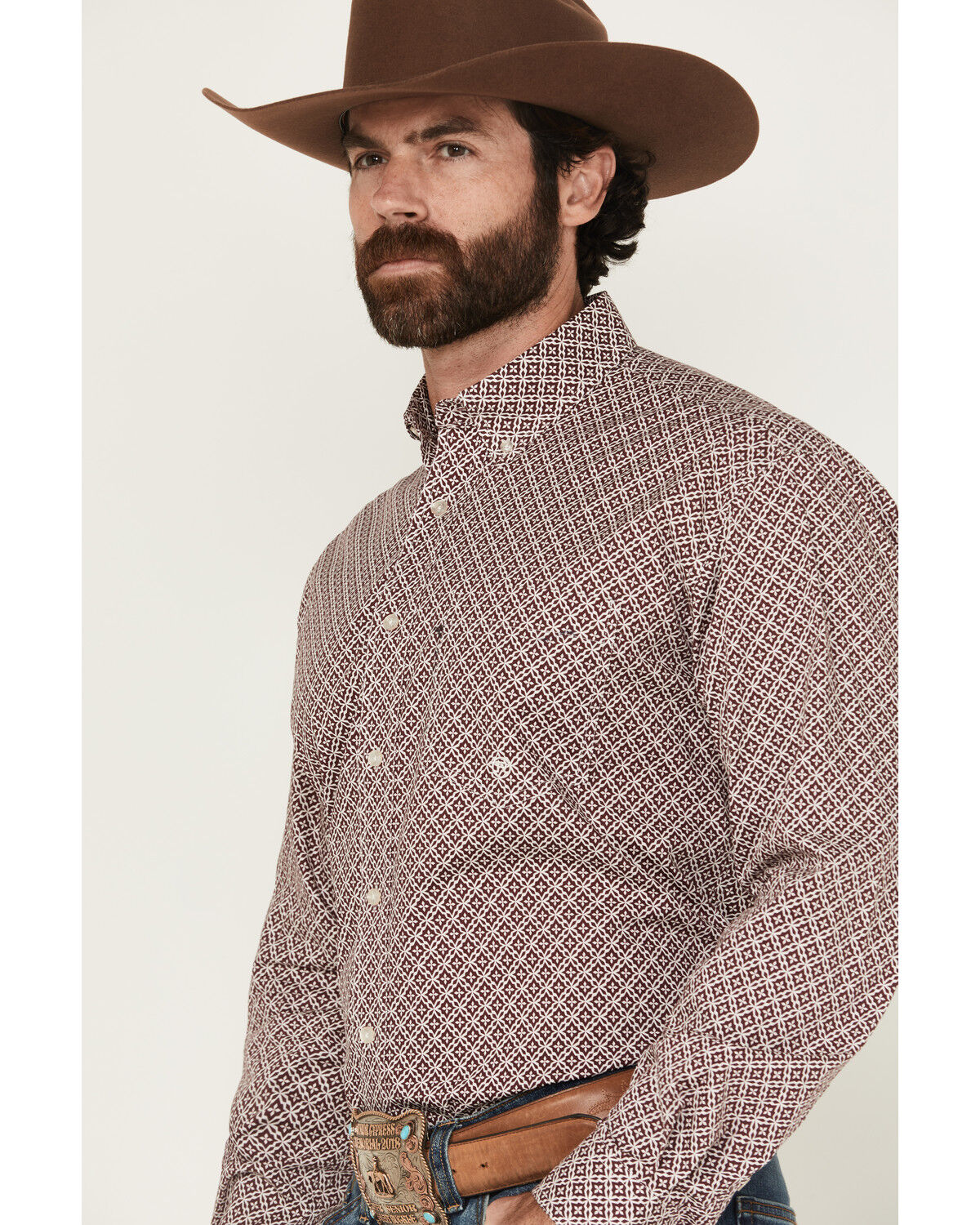 Image #2 - Roper Men's Amarillo Geo Print Long Sleeve Button-Down Stretch Western Shirt, Wine, hi-res