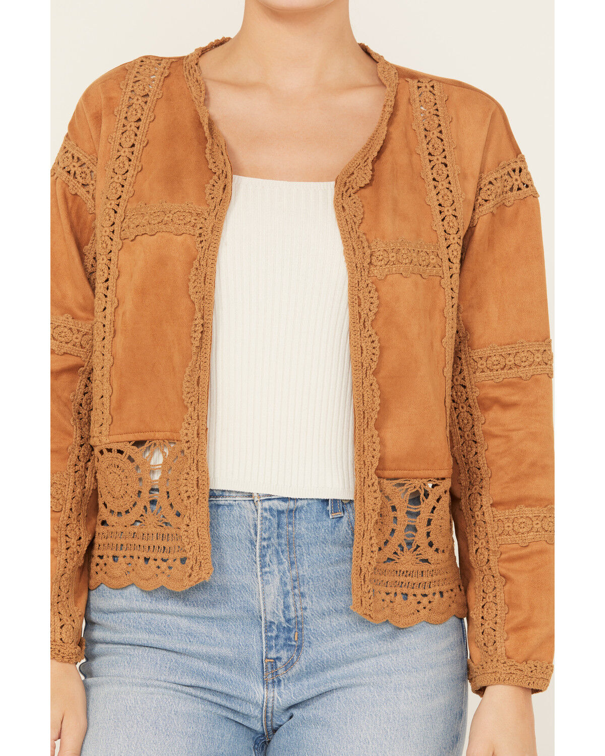 Image #3 - Miss Me Women's Crochet Faux Suede Jacket, Rust Copper, hi-res