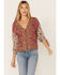 Lovestitch Women's Twin Print Tie Sleeve V-Neck Button Front Top, Red, hi-res