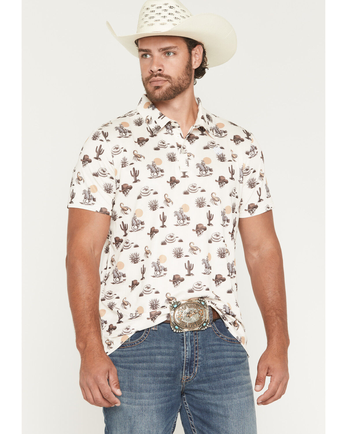 Image #1 - Rock & Roll Denim Men's Conversational Print Short Sleeve Stretch Polo, Natural, hi-res