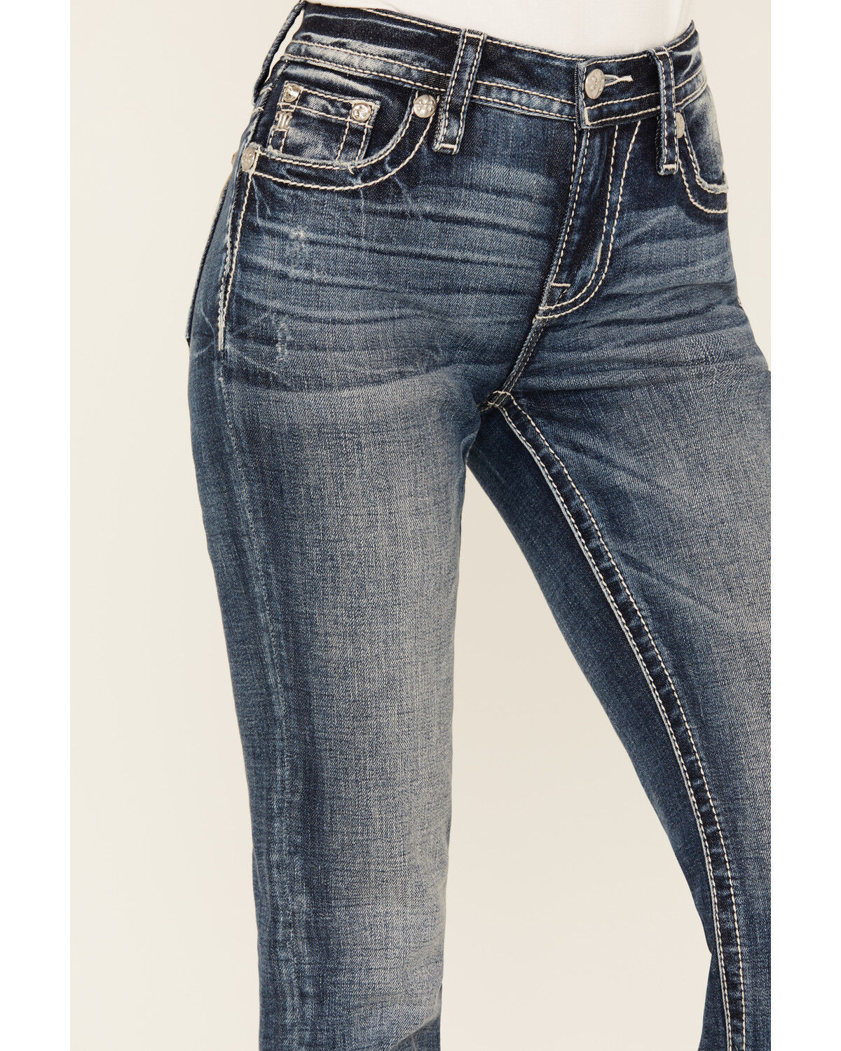 Image #4 - Miss Me Women's Dark Wash Mid Rise Floral Pocket Slim Bootcut Stretch Denim Jeans, Dark Wash, hi-res