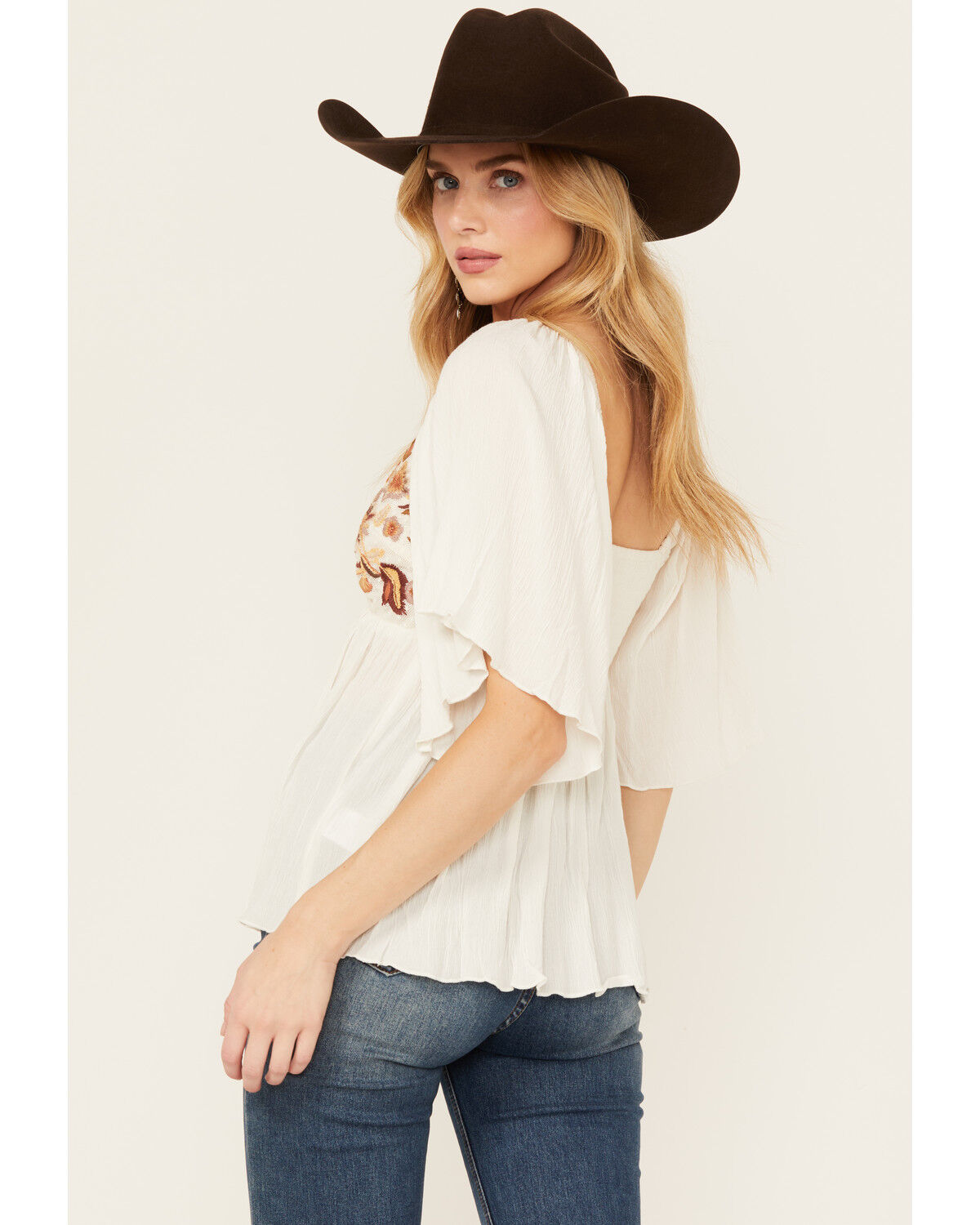 Image #4 - Shyanne Women's Embroidered Bodice Short Sleeve Crinkle Peasant Top, Cream, hi-res