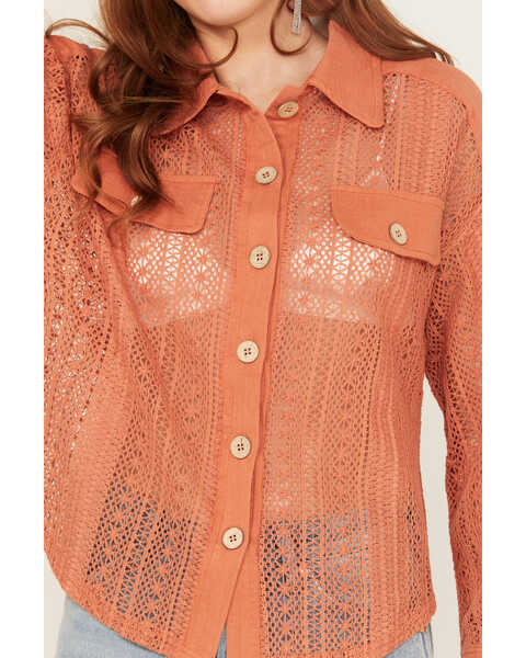 Image #3 - Very J Women's Crochet Button-Down Shirt, Rust Copper, hi-res