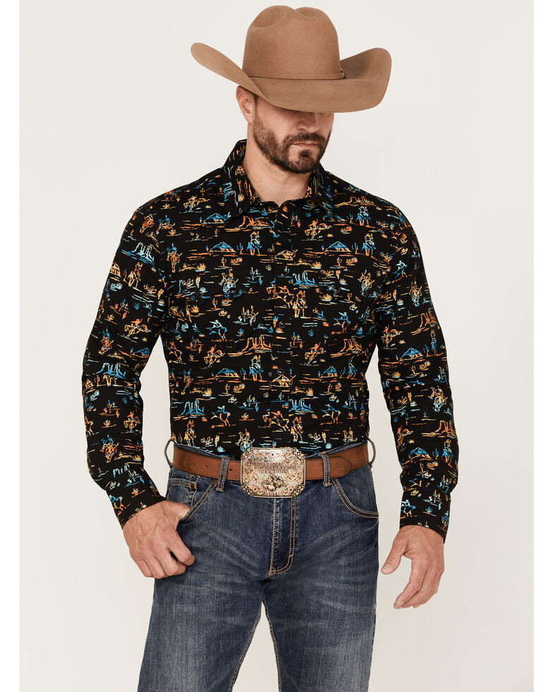 Rock & Roll Denim Men's Vintage 46 All-Over Desert Bull Print Snap Western Shirt , Black, hi-res